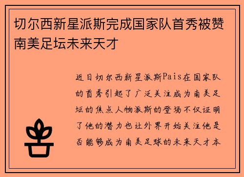 切尔西新星派斯完成国家队首秀被赞南美足坛未来天才